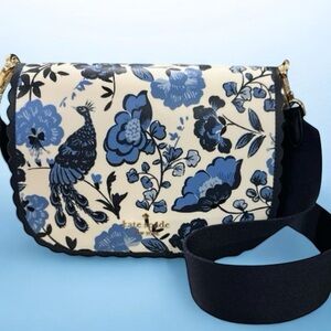 Kate Spade Madison Peacock Floral Printed Saddle in blue multi Saffiano Bag NWT